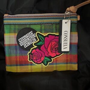 Consuela Multicolor Plaid Wristlet with Pink Rose Patch and Badge